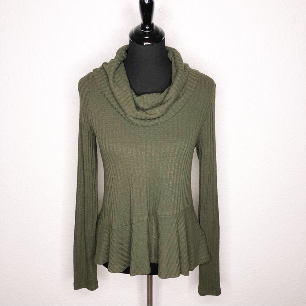Anthropologie Maeve army green ribbed cowl neck knit top size Small